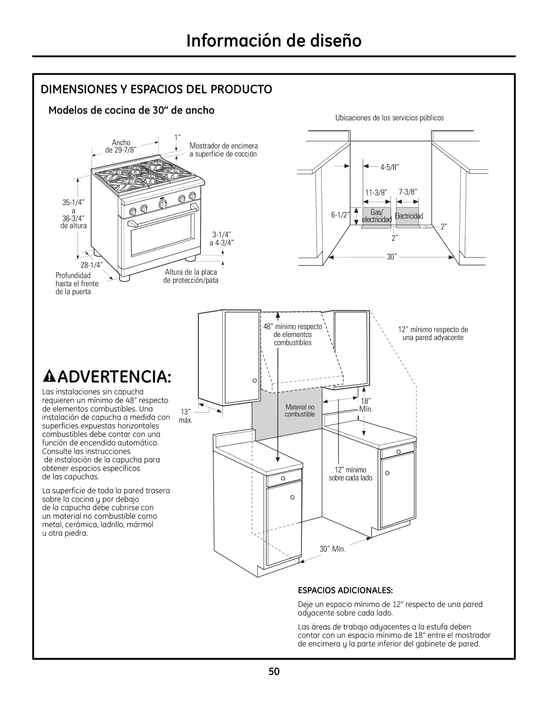 GE Monogram Range installation instructions Modelos de cocina de 30 de ancho 