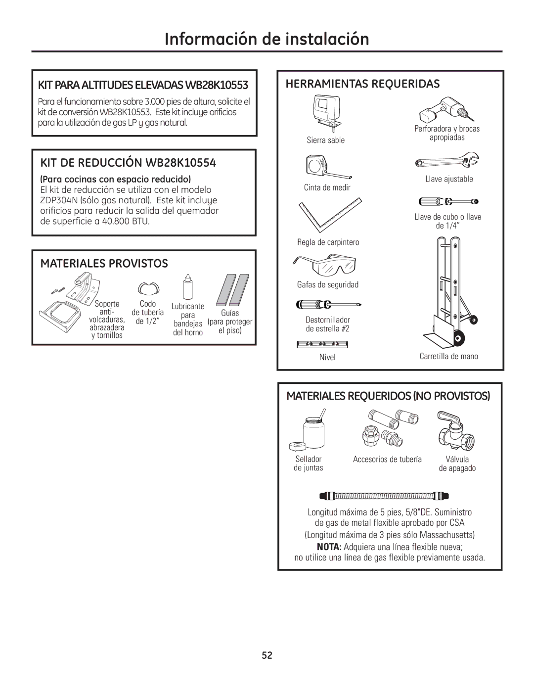 GE Monogram Range Información de instalación, KIT DE Reducción WB28K10554, Materiales Provistos, Herramientas Requeridas 