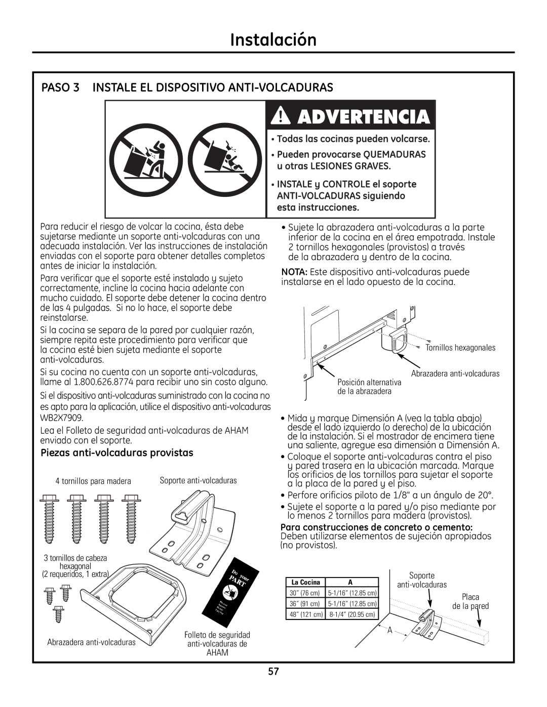 GE Monogram Range installation instructions Piezas anti-volcaduras provistas, Tornillos para madera 