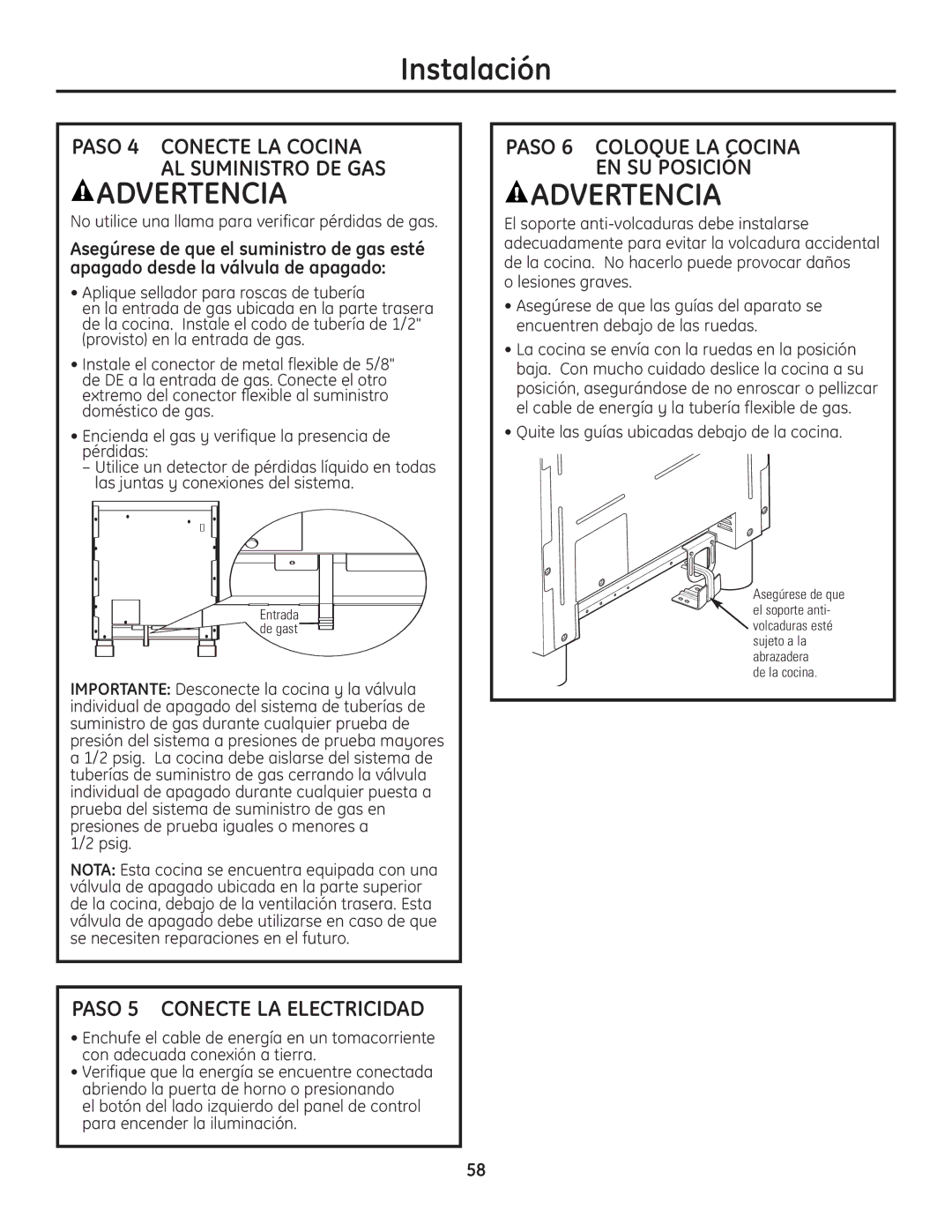 GE Monogram Range Paso 5 Conecte LA Electricidad, No utilice una llama para verificar pérdidas de gas 