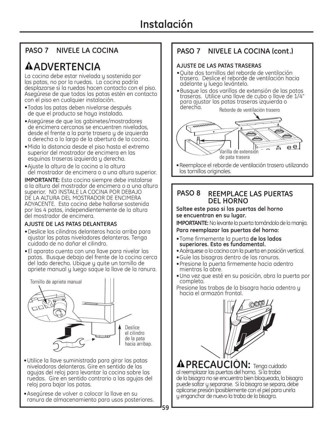 GE Monogram Range Paso 7 Nivele LA Cocina, Ajuste DE LAS Patas Delanteras, Tornillo de apriete manual 