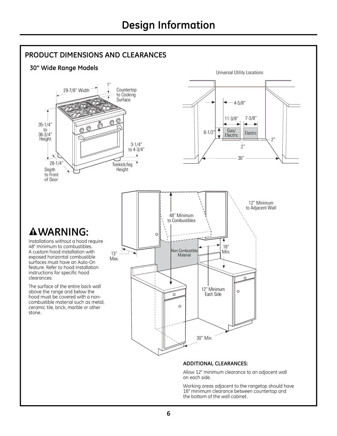 GE Monogram installation instructions Wide Range Models, Minimum To Adjacent Wall Above the range and below 