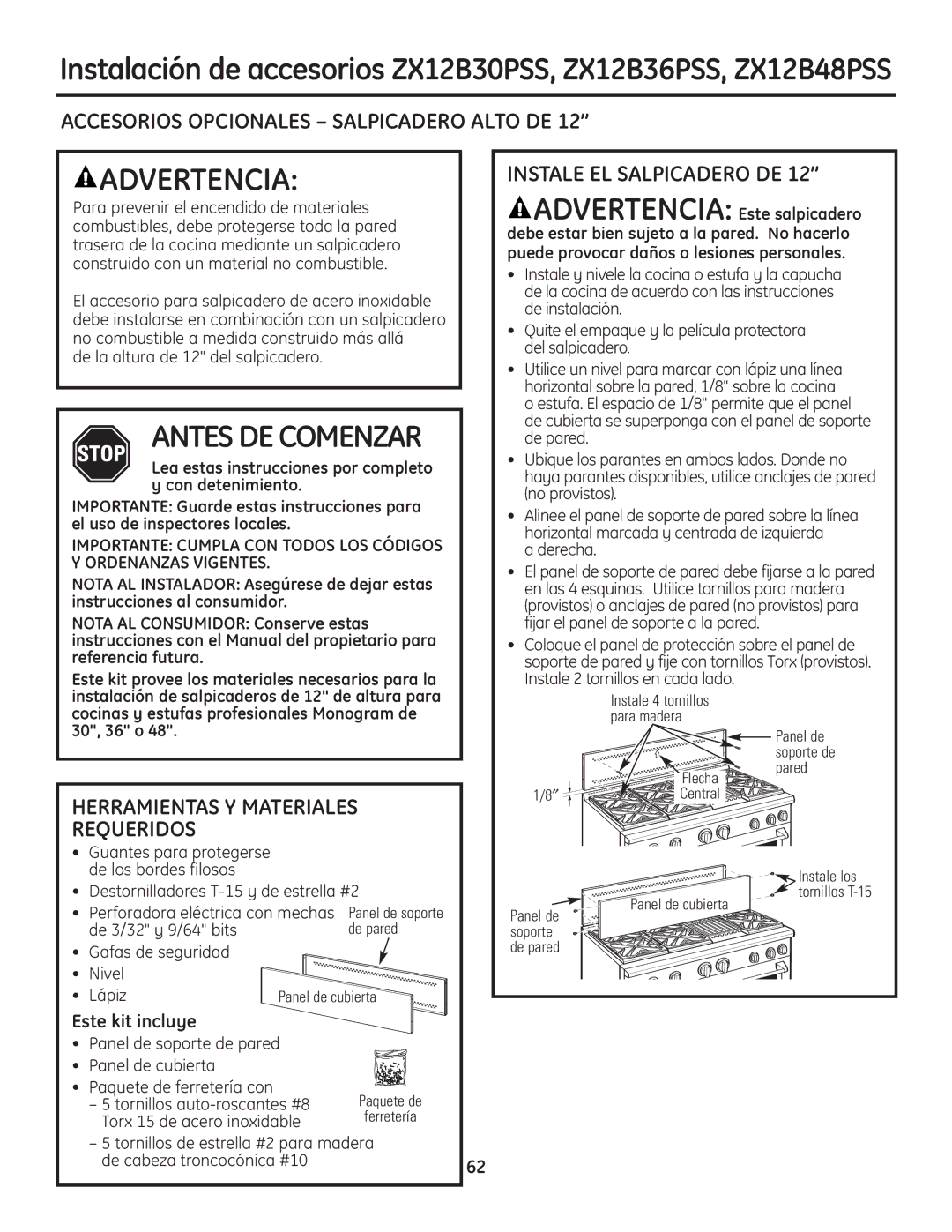 GE Monogram Range Accesorios Opcionales Salpicadero Alto DE, Instale EL Salpicadero DE, Este kit incluye 