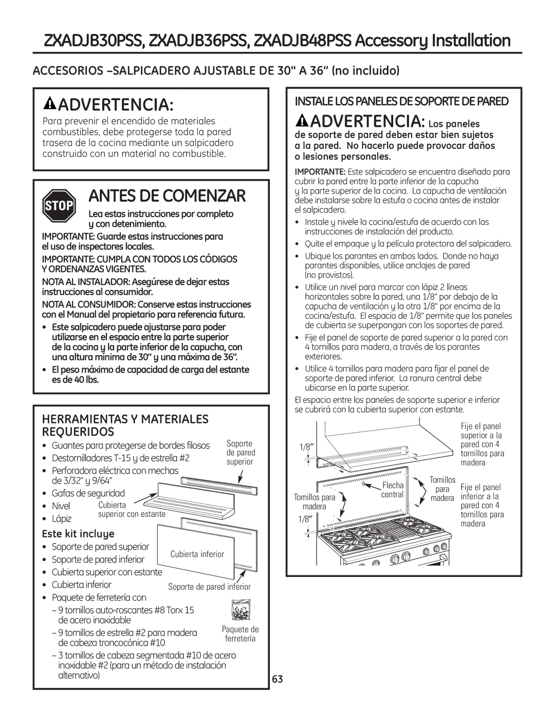 GE Monogram Range Advertencia Los paneles, Accesorios -SALPICADERO Ajustable DE 30 a 36 no incluido 