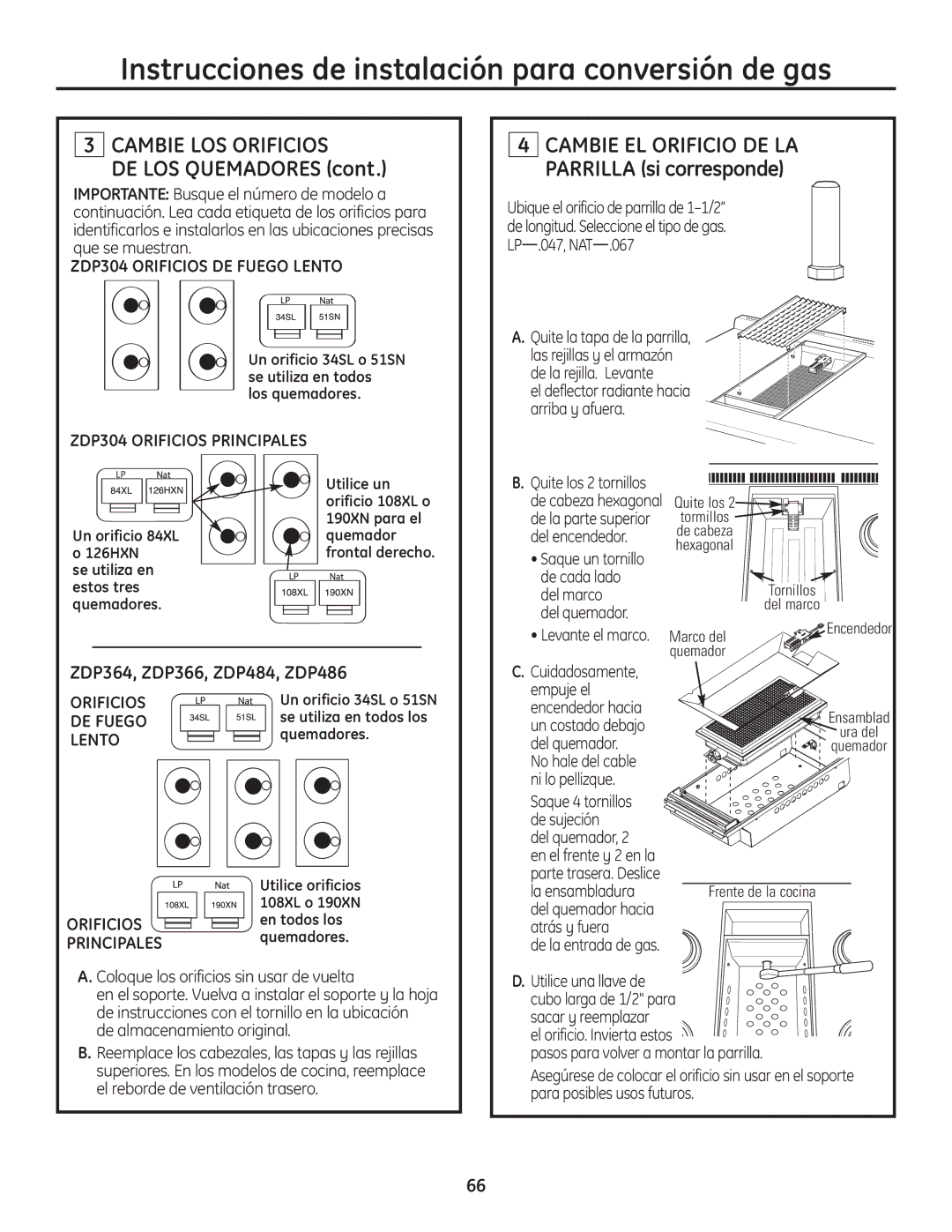 GE Monogram Range Instrucciones de instalación para conversión de gas, Cambie LOS Orificios, DE LOS Quemadores 