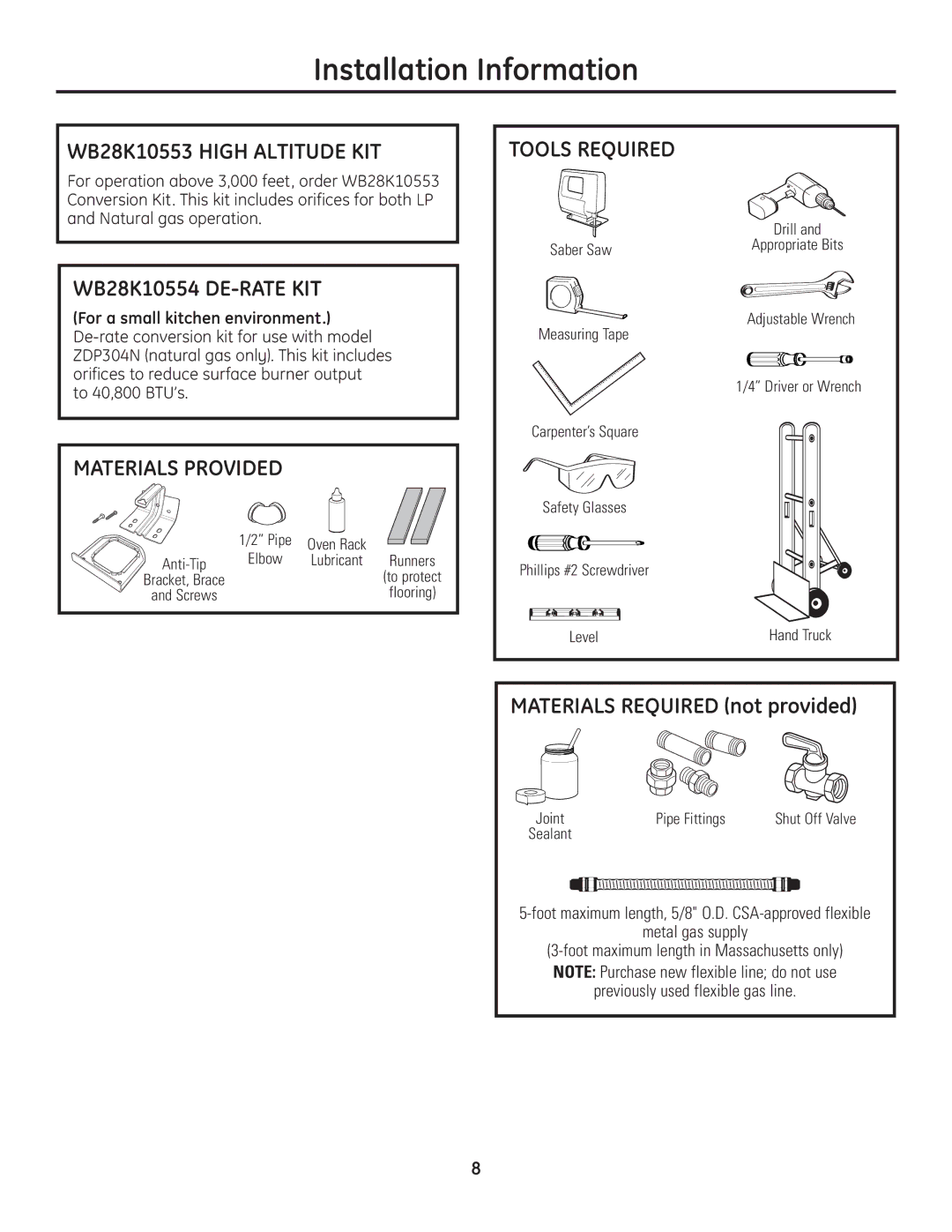 GE Monogram Range Installation Information, WB28K10553 High Altitude KIT, WB28K10554 DE-RATE KIT, Materials Provided 