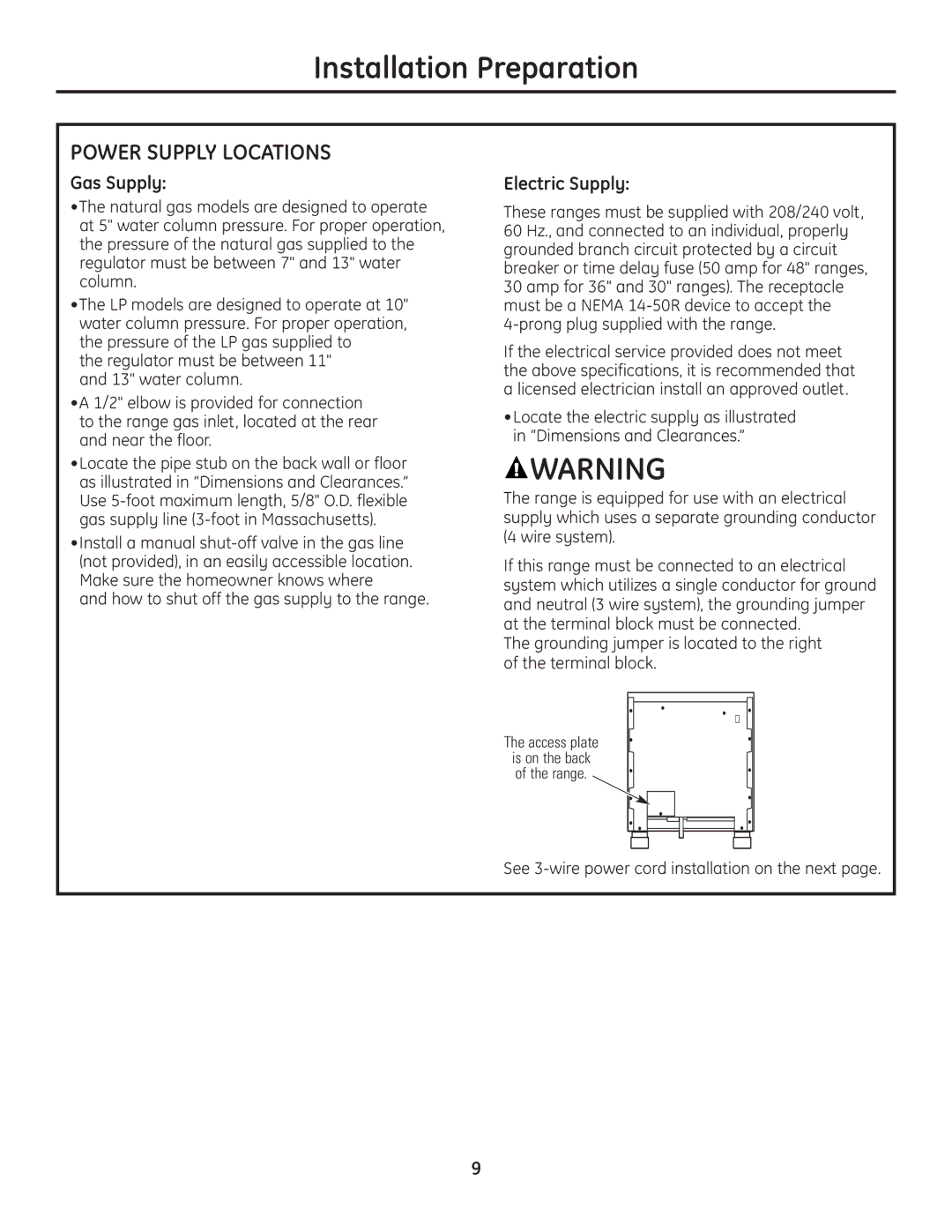 GE Monogram Range installation instructions Installation Preparation, Power Supply Locations, Gas Supply, Electric Supply 