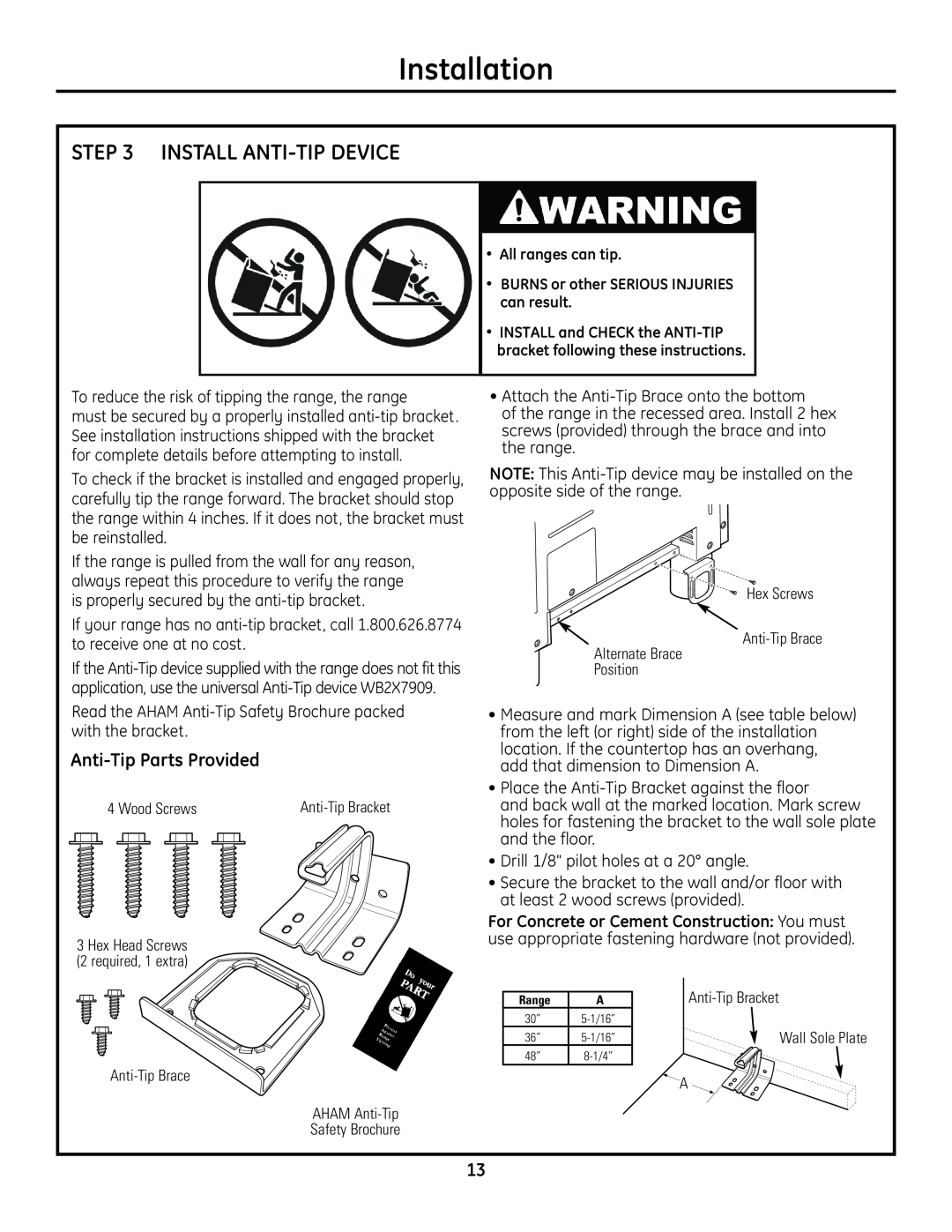 GE Monogram Range installation instructions Installation, Install Anti-Tip Device, Anti-Tip Parts Provided 