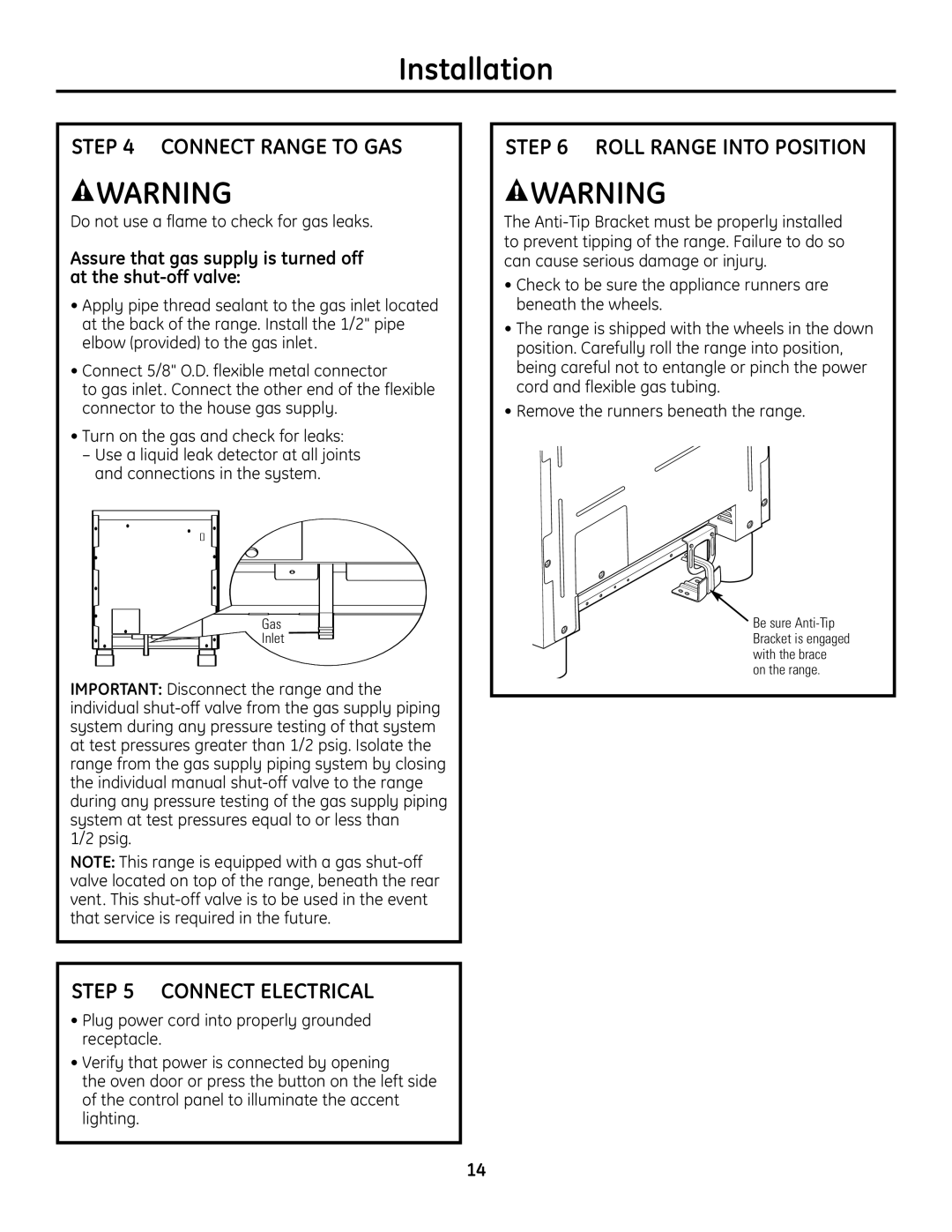 GE Monogram installation instructions Connect Range To Gas, Roll Range Into Position, Connect Electrical, Installation 