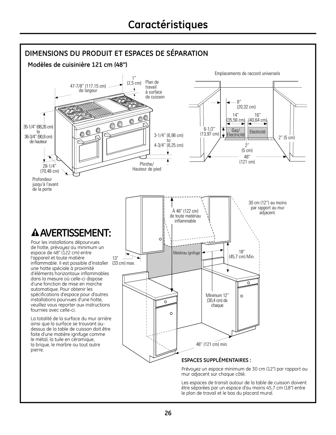 GE Monogram Range Dimensions Du Produit Et Espaces De Séparation, Modèles de cuisinière 121 cm, Caractéristiques 