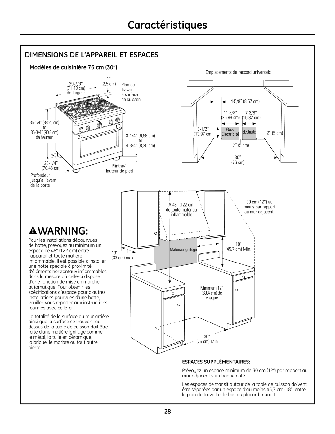 GE Monogram Range Dimensions De L’Appareil Et Espaces, Modèles de cuisinière 76 cm 30’’, Caractéristiques 