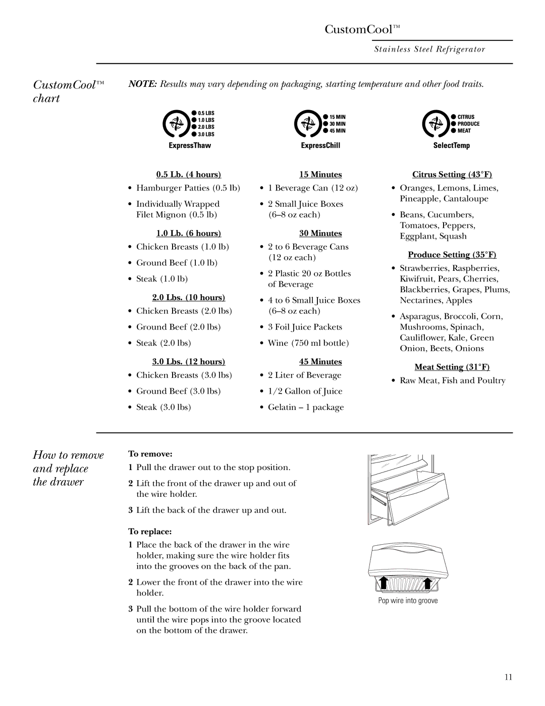 GE Monogram Refrigerator owner manual CustomCool chart 