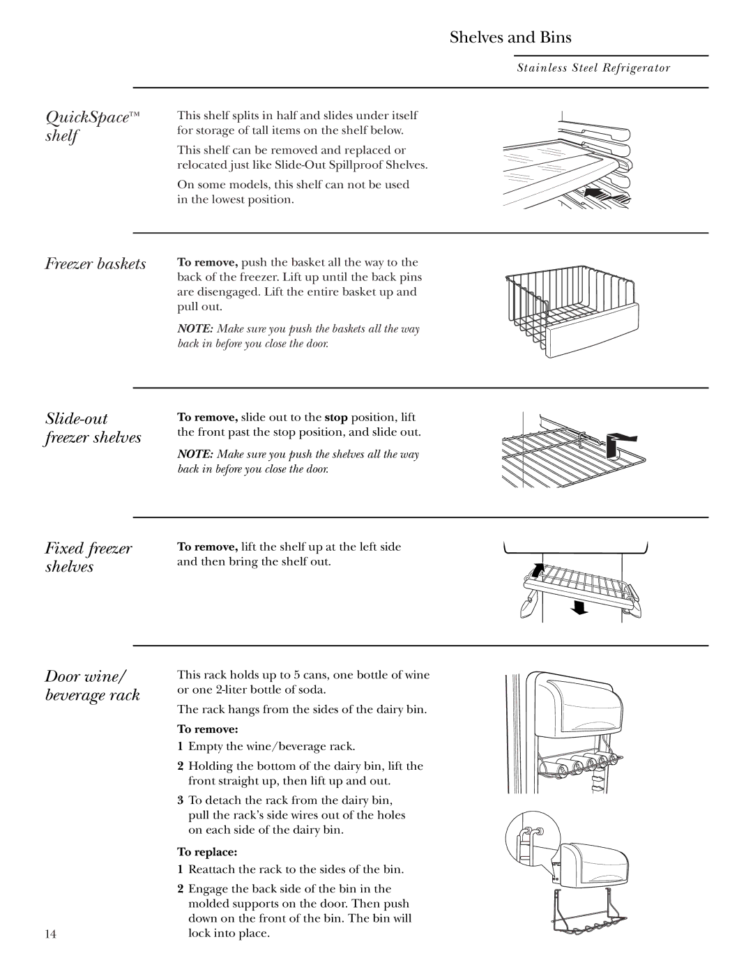 GE Monogram Refrigerator owner manual QuickSpace shelf, Freezer baskets, Slide-out freezer shelves, Fixed freezer shelves 