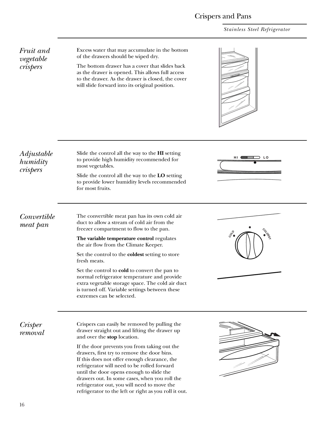 GE Monogram Refrigerator owner manual Fruit and vegetable crispers, Crispers and Pans 