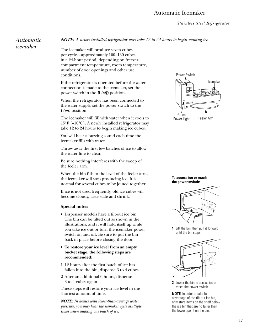 GE Monogram Refrigerator owner manual Automatic icemaker, Special notes 