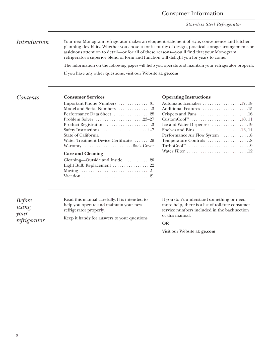 GE Monogram Refrigerator owner manual Introduction, Contents, Before using your refrigerator 