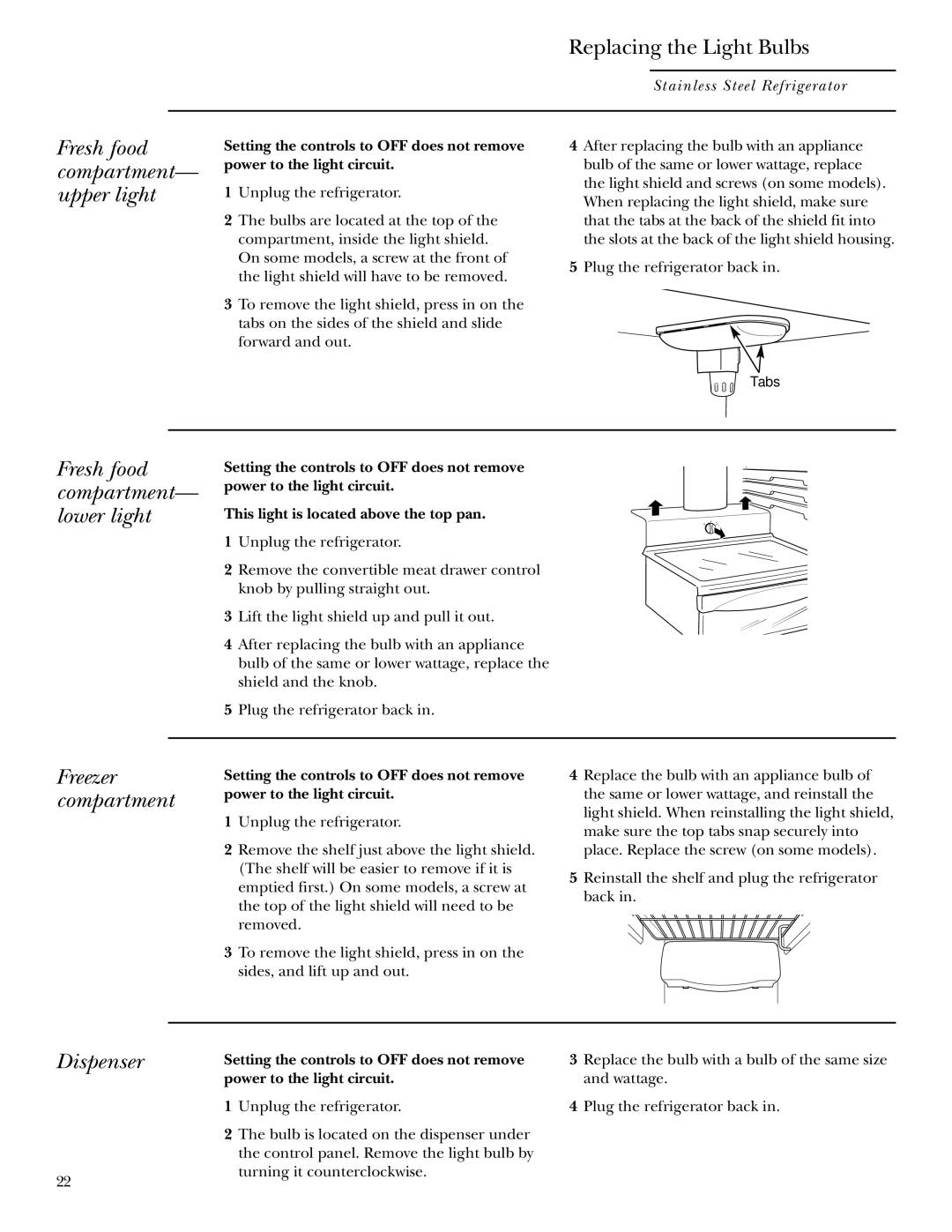 GE Monogram Refrigerator owner manual Replacing the Light Bulbs, Fresh food, Compartment, Upper light, Freezer 