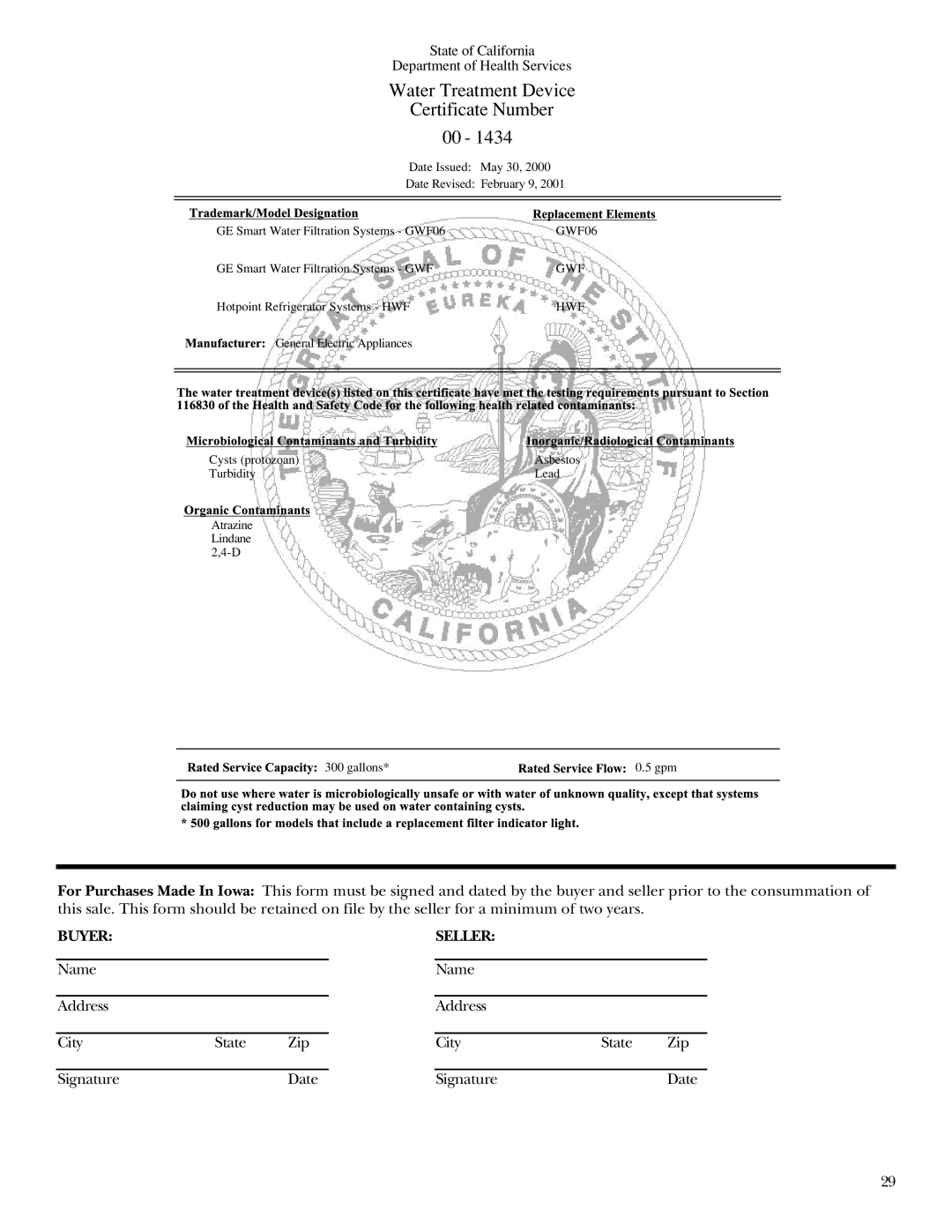 GE Monogram Refrigerator owner manual Water Treatment Device Certificate Number 