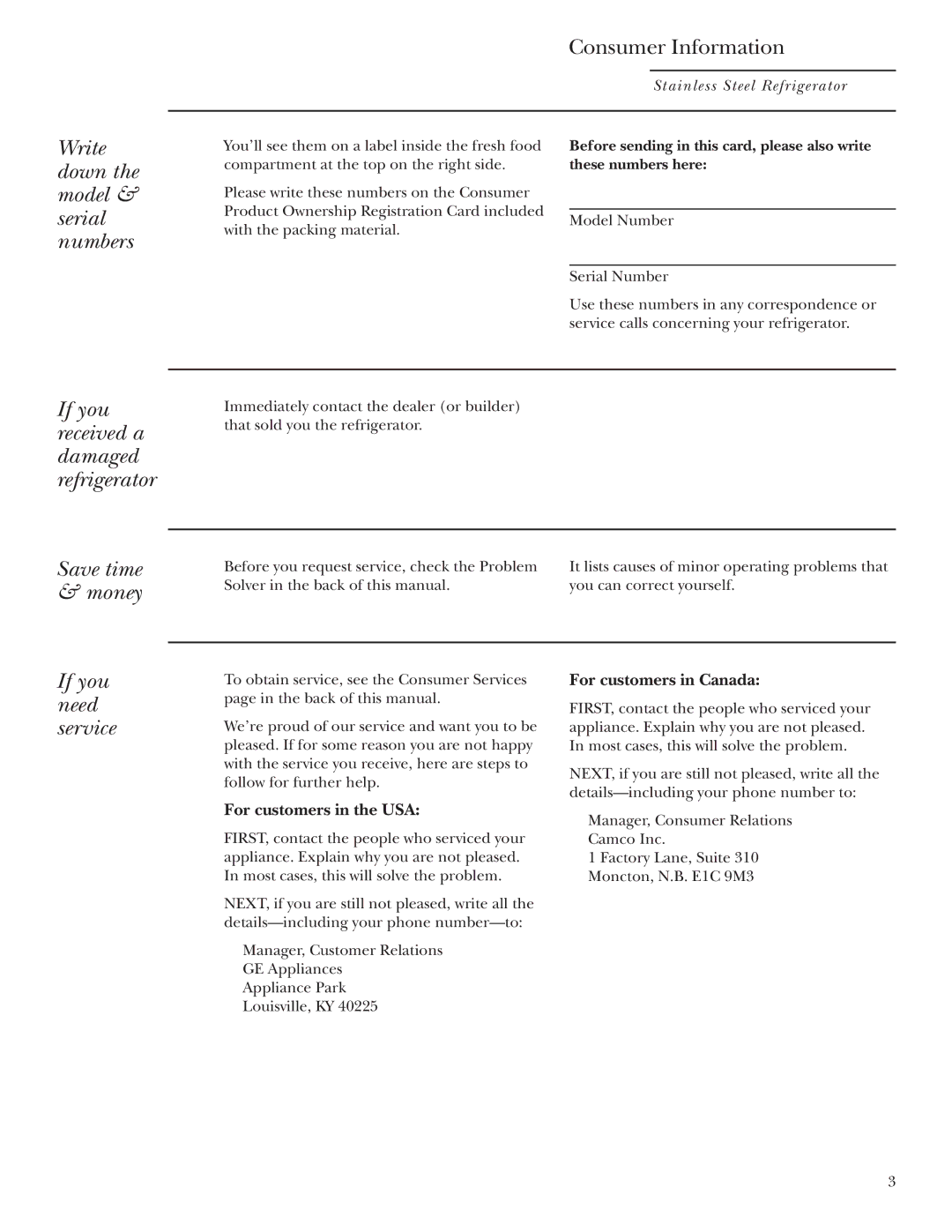 GE Monogram Refrigerator owner manual Write down the model & serial numbers Consumer Information, If you need service 