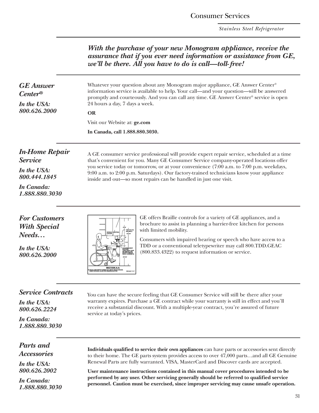 GE Monogram Refrigerator owner manual Consumer Services, Center 