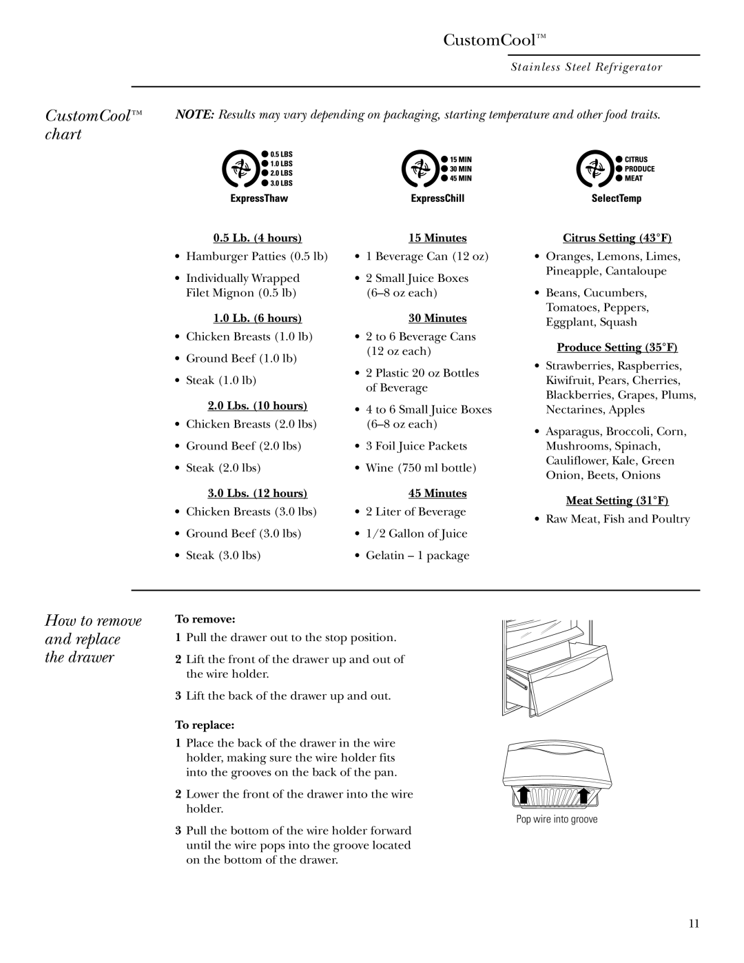GE Monogram owner manual CustomCool chart, How to remove and replace the drawer, Stainless Steel Refrigerator 