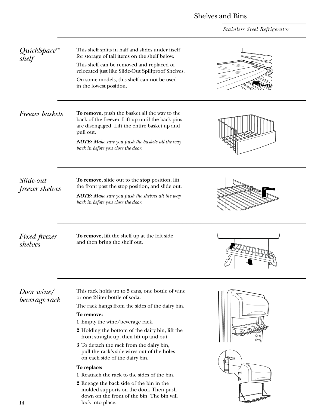 GE Monogram Refrigerator owner manual QuickSpace shelf, Freezer baskets, Slide-out freezer shelves, Fixed freezer shelves 