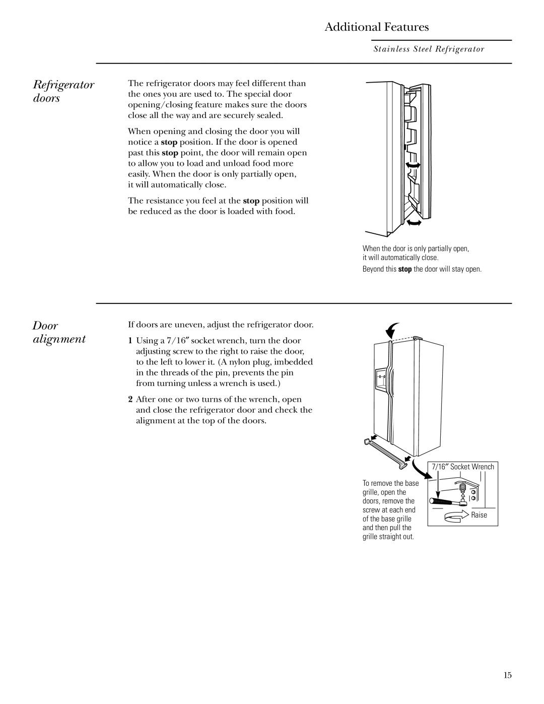 GE Monogram owner manual Refrigerator doors, Additional Features, Door alignment, Stainless Steel Refrigerator 
