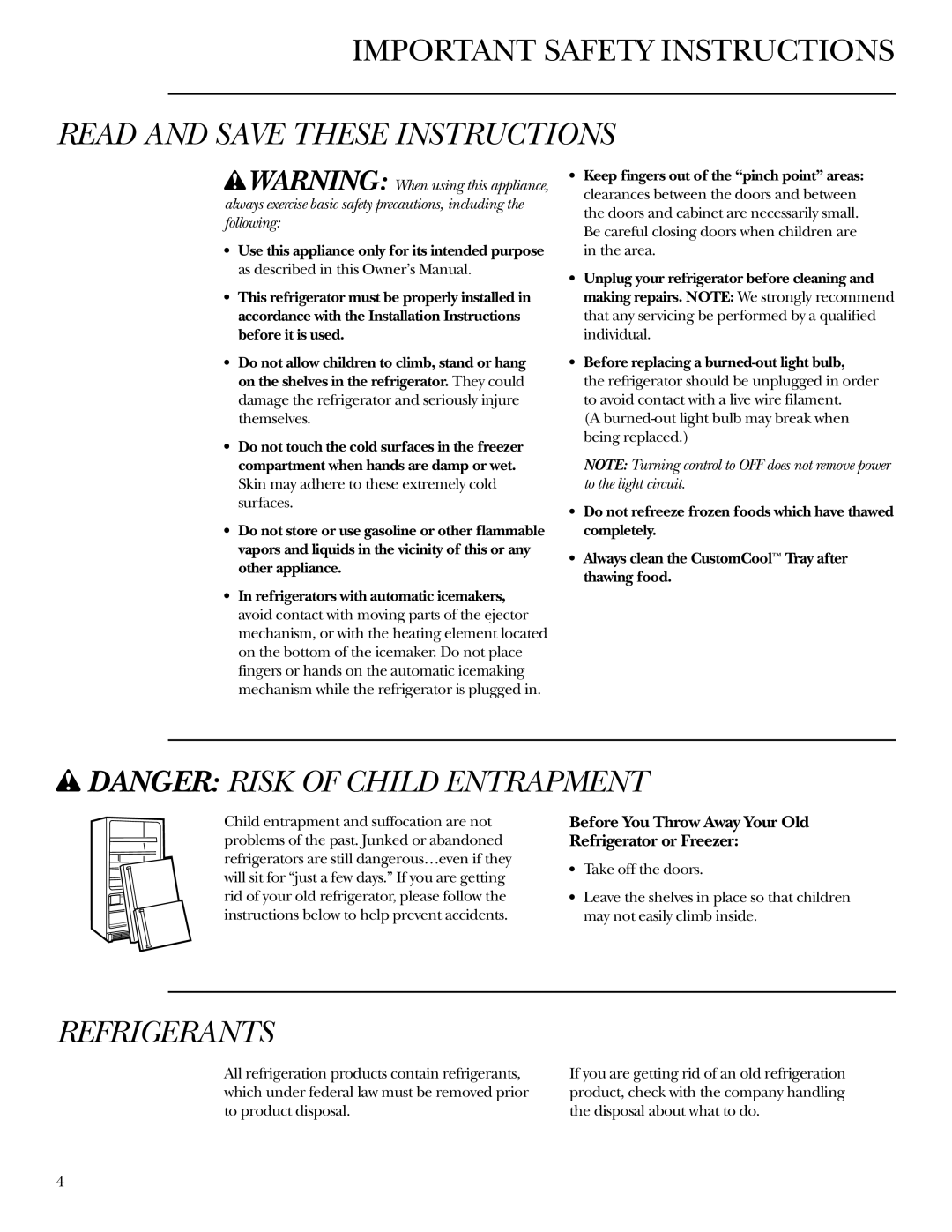 GE Monogram Refrigerator owner manual Important Safety Instructions, Read And Save These Instructions, Refrigerants 