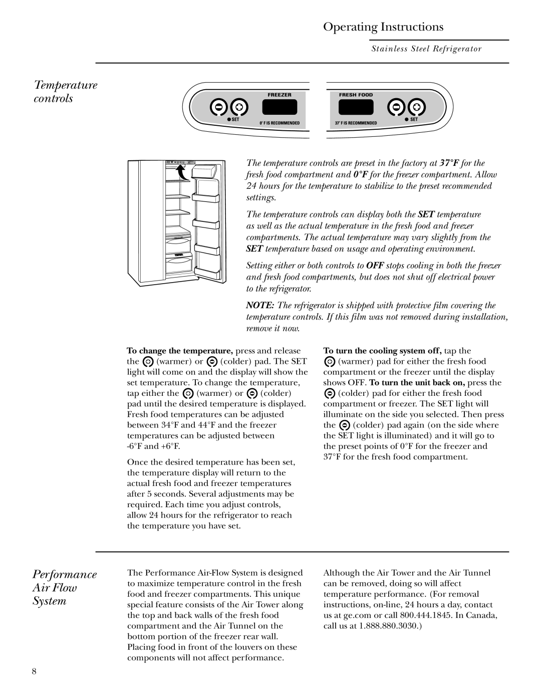 GE Monogram Refrigerator owner manual Operating Instructions, Temperature controls, Performance Air Flow System 