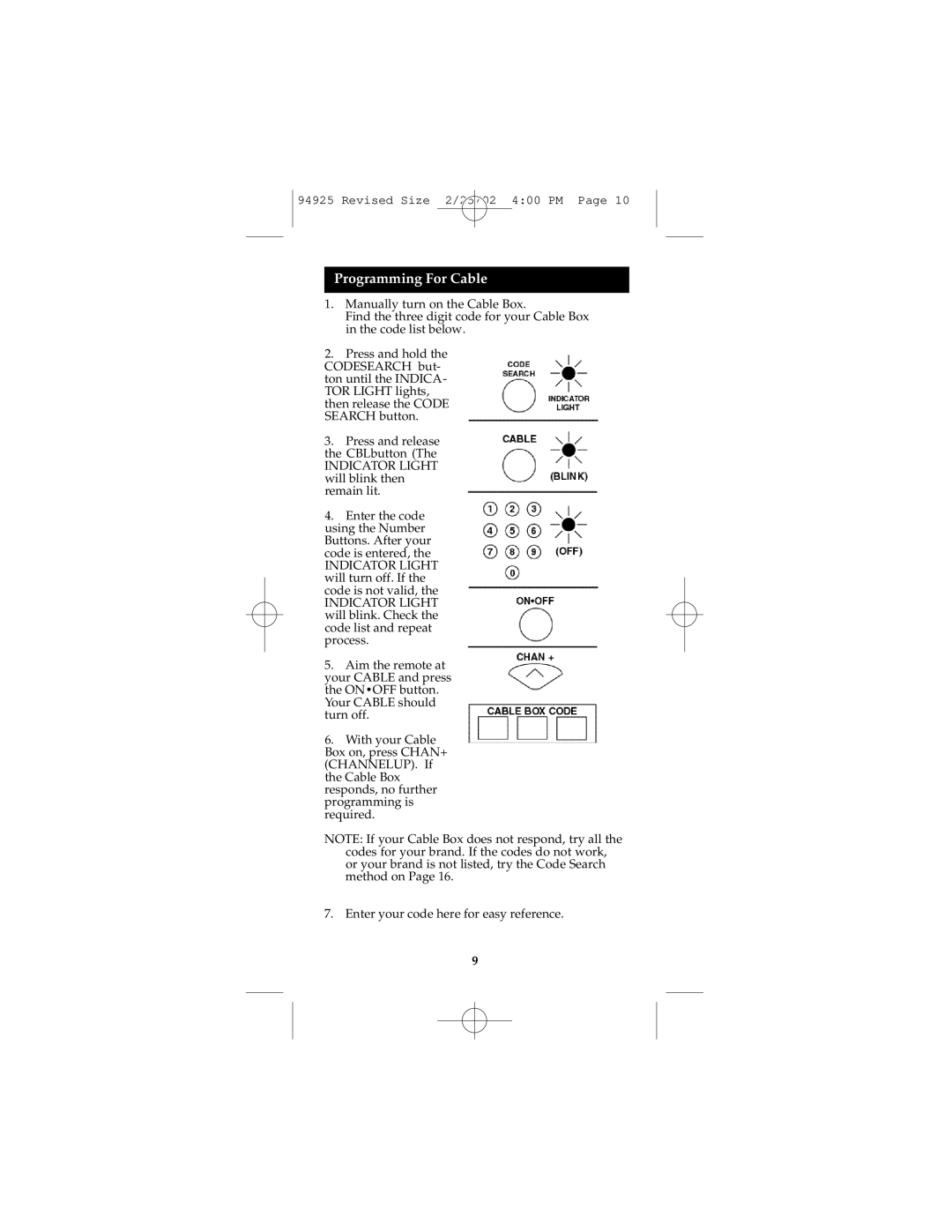 GE Monogram RM94925 instruction manual Programming For Cable 