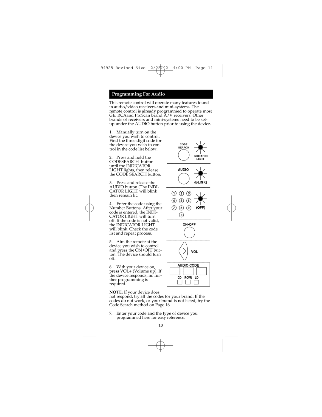 GE Monogram RM94925 instruction manual Programming For Audio 