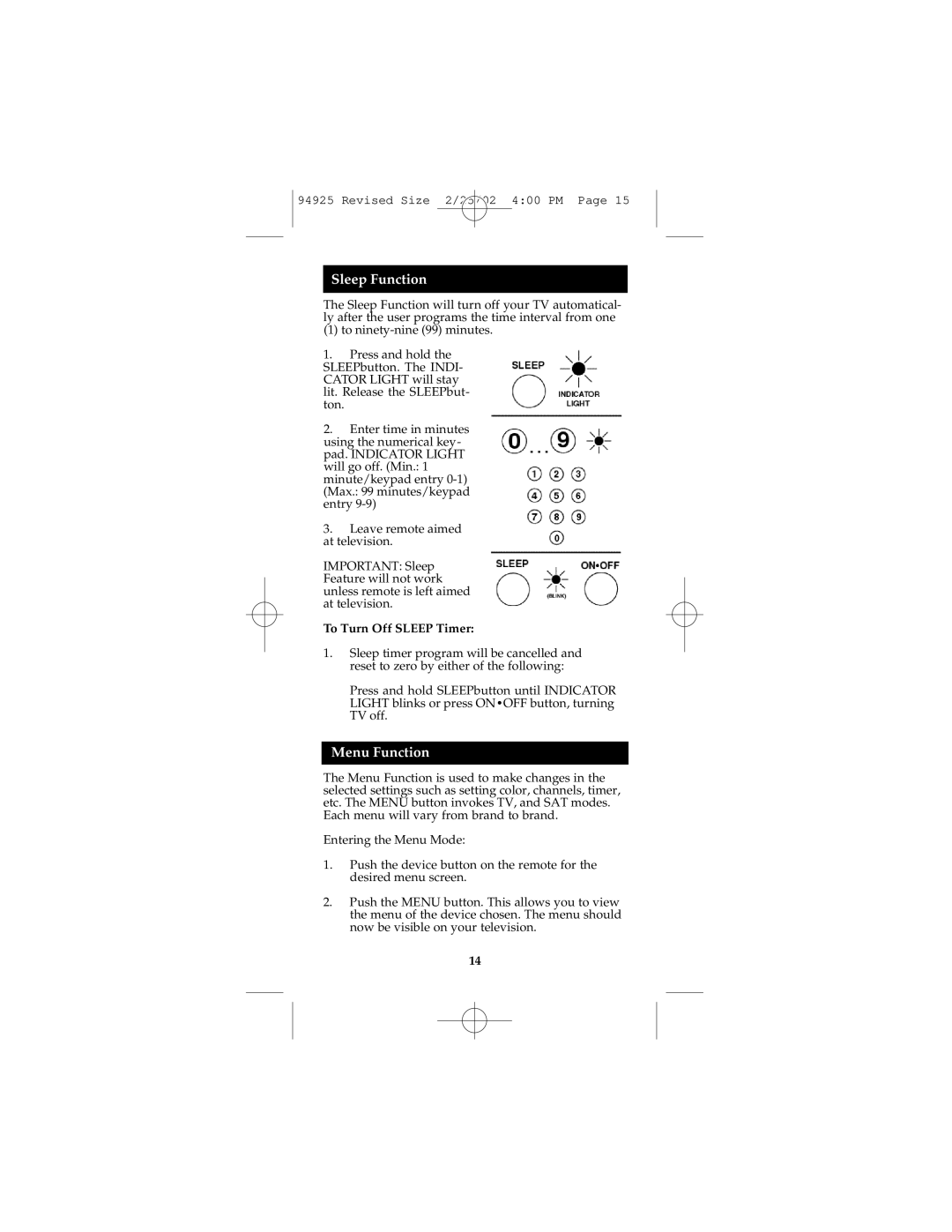 GE Monogram RM94925 instruction manual Sleep Function, Menu Function 