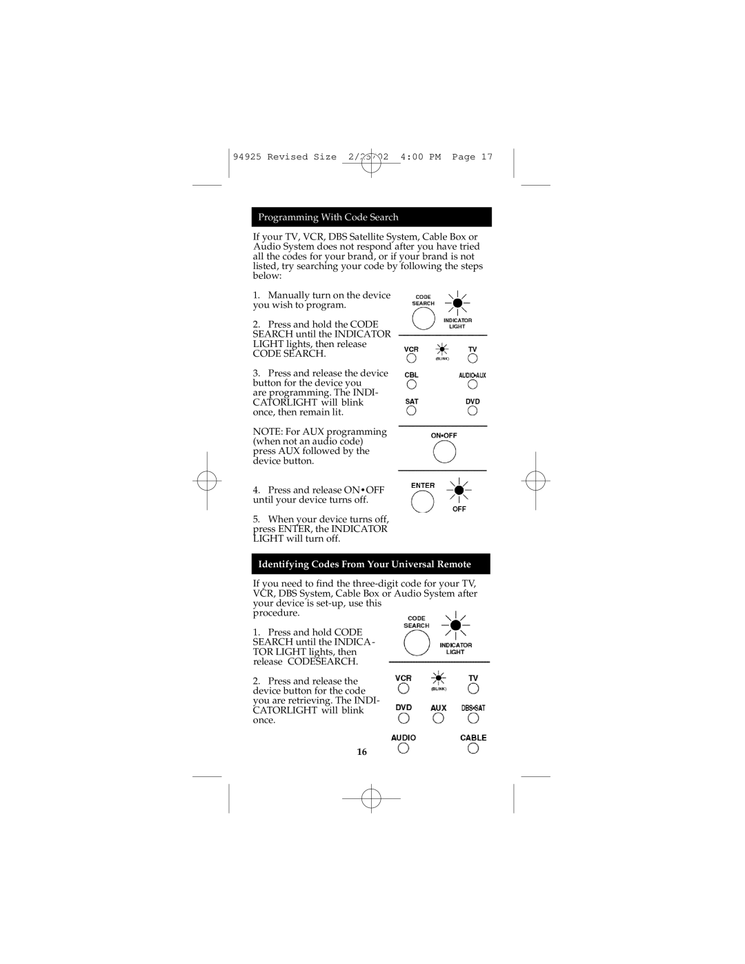 GE Monogram RM94925 instruction manual Programming With Code Search, Identifying Codes From Your Universal Remote 