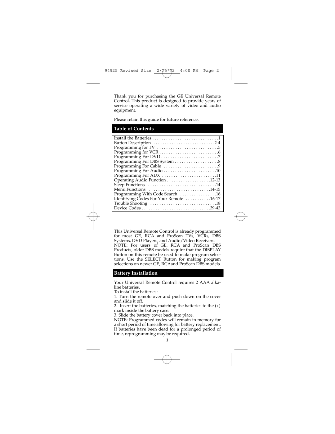 GE Monogram RM94925 instruction manual Table of Contents, Battery Installation 