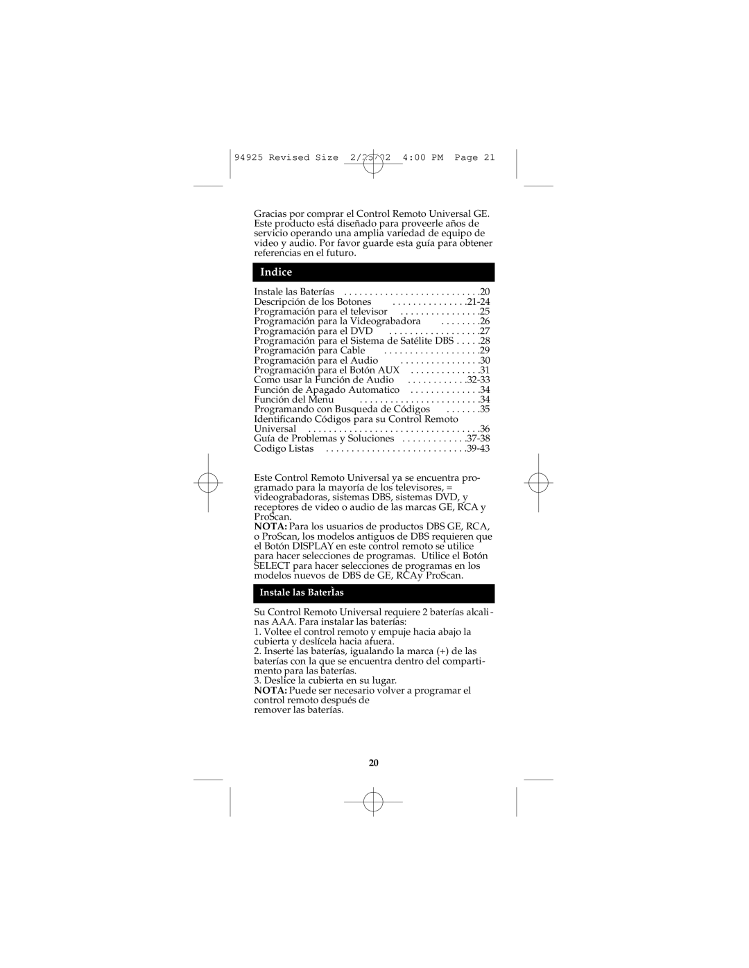 GE Monogram RM94925 instruction manual Indice, Instale las BaterÌas 