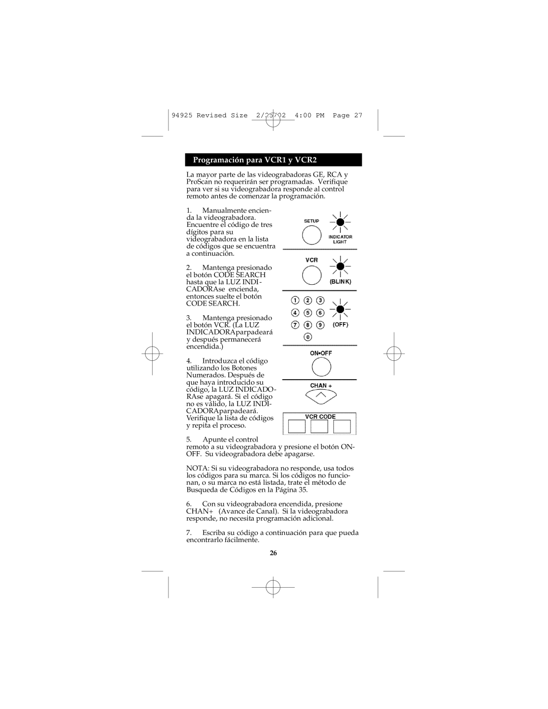 GE Monogram RM94925 instruction manual Programación para VCR1 y VCR2 