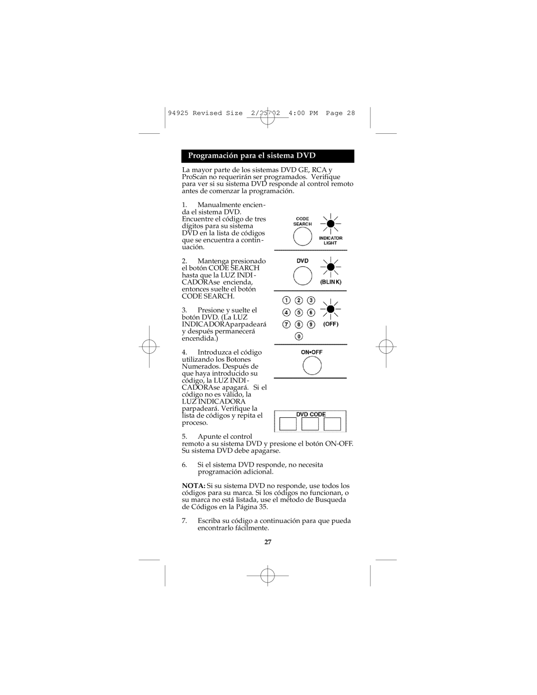 GE Monogram RM94925 instruction manual Programación para el sistema DVD 