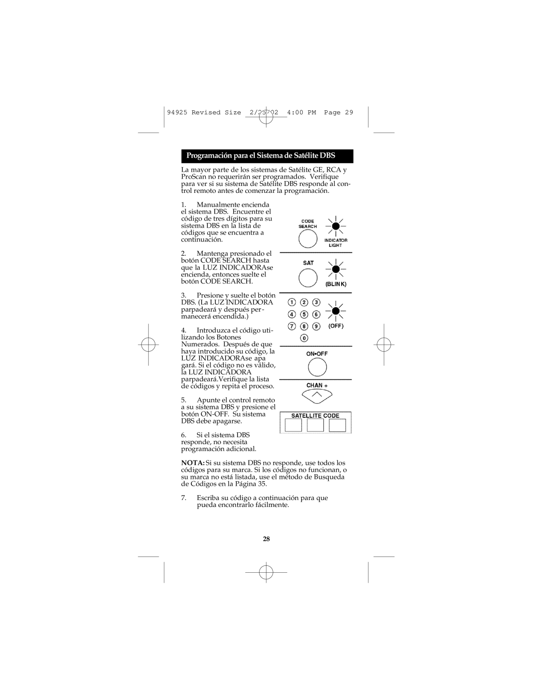 GE Monogram RM94925 instruction manual Programación para el Sistema de Satélite DBS 