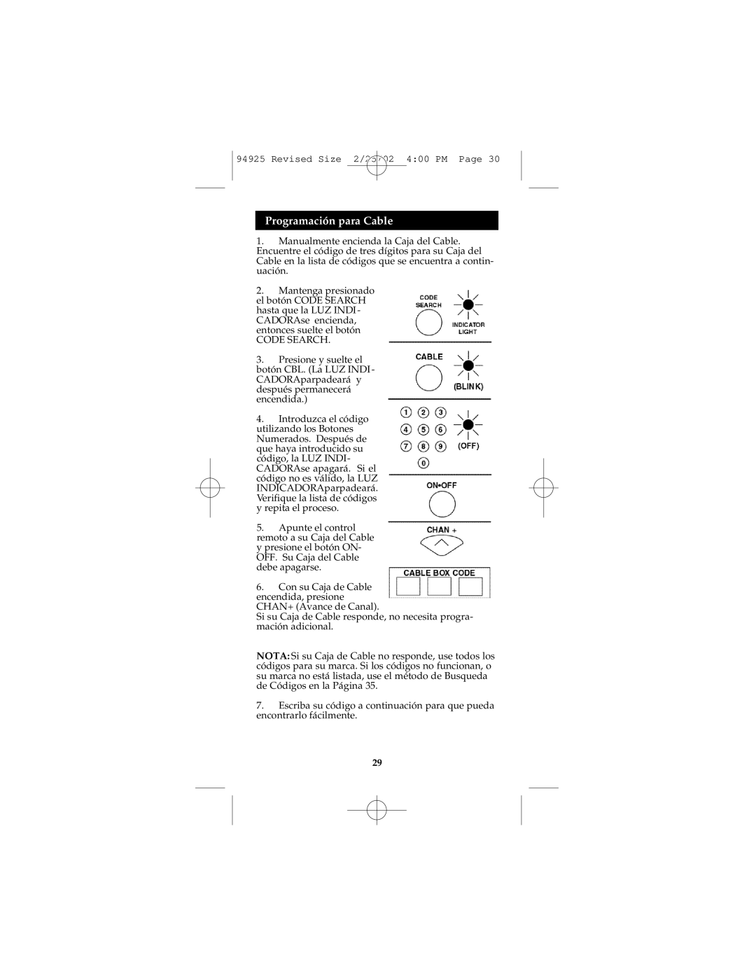 GE Monogram RM94925 instruction manual Programación para Cable 