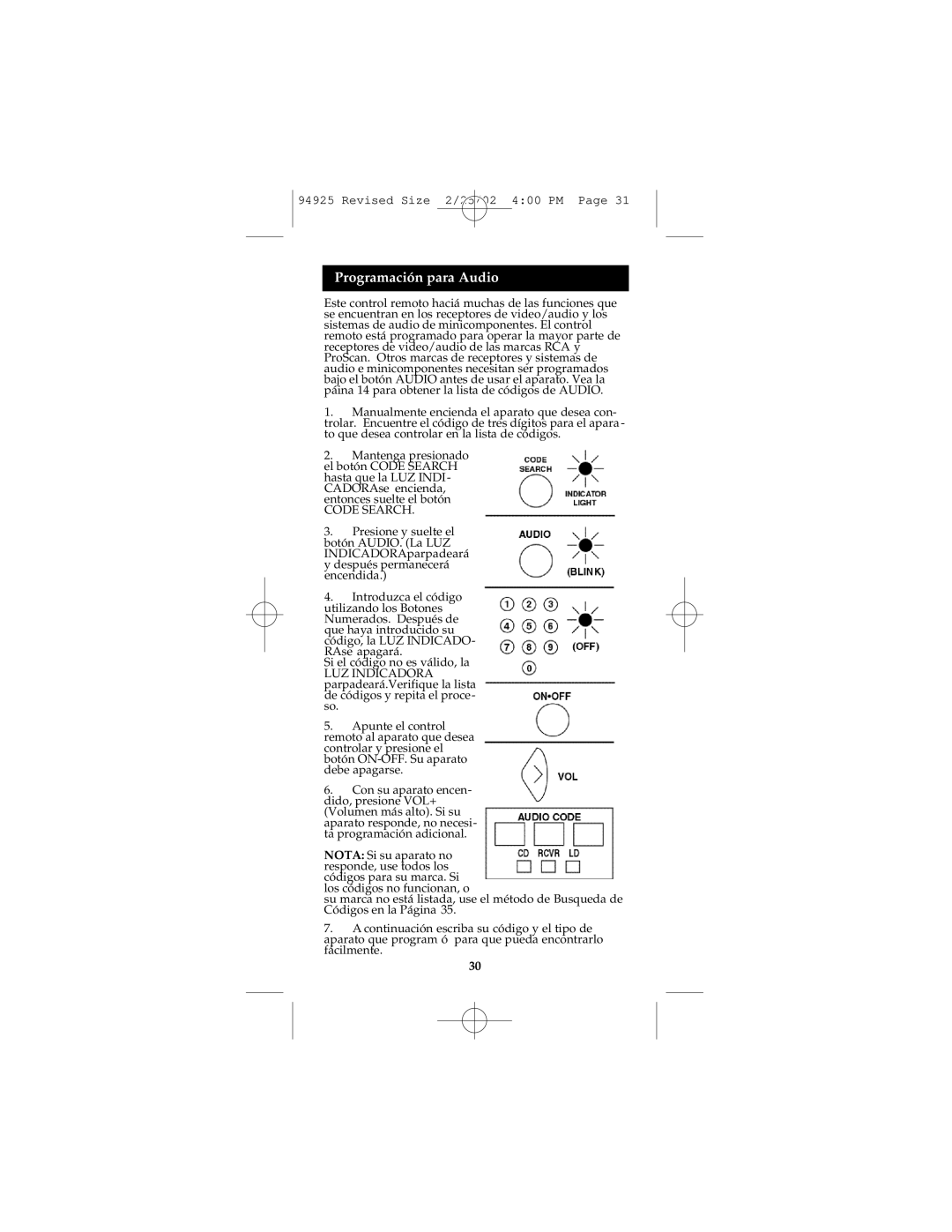 GE Monogram RM94925 instruction manual Programación para Audio, Code Search 