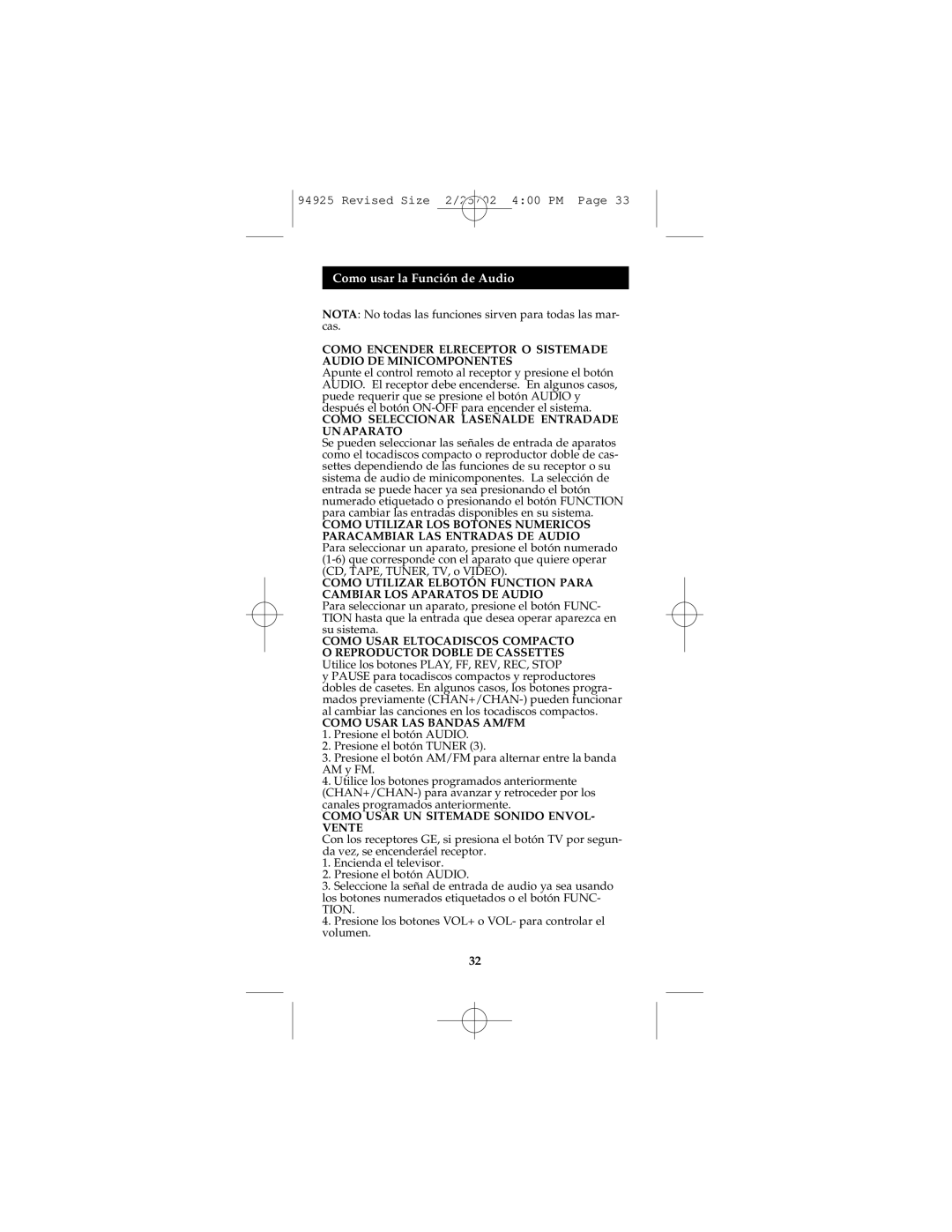 GE Monogram RM94925 instruction manual Como usar la Función de Audio, Como Seleccionar Laseñalde Entradade Unaparato 