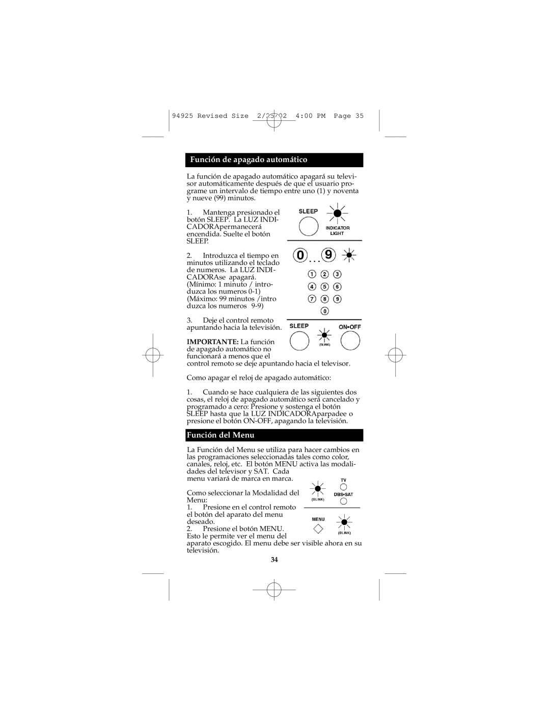 GE Monogram RM94925 instruction manual Función de apagado automático, Función del Menu 