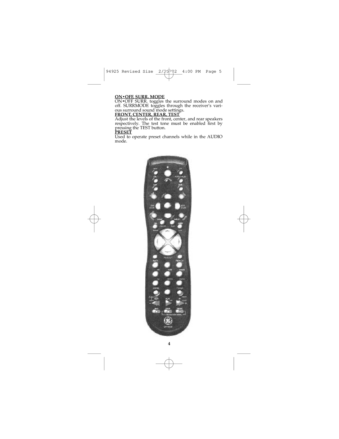 GE Monogram RM94925 instruction manual ONOFF, SURR. Mode, FRONT, CENTER, REAR, Test, Preset 