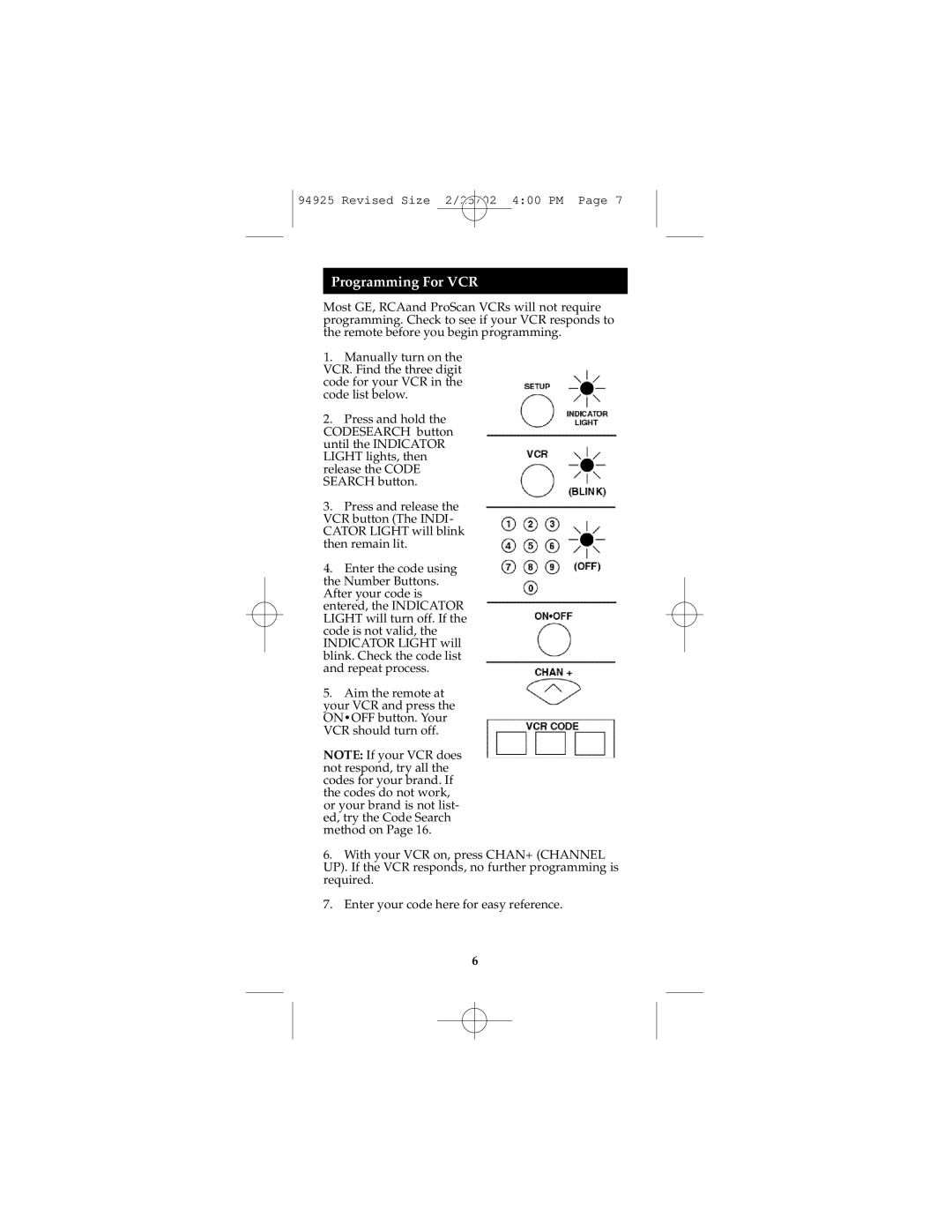 GE Monogram RM94925 instruction manual Programming For VCR 