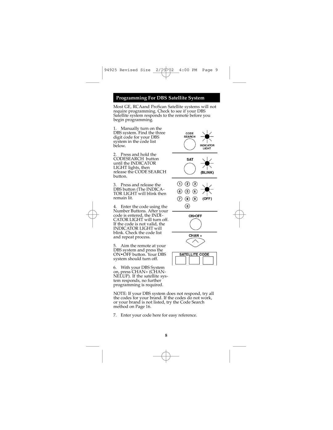 GE Monogram RM94925 instruction manual Programming For DBS Satellite System 