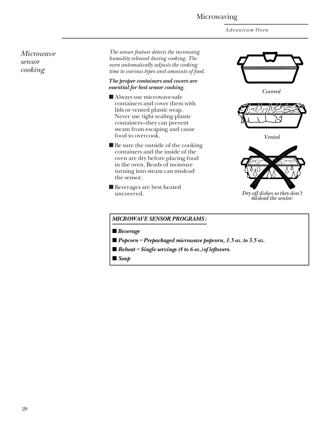 GE Monogram SCA2000, SCA2001 owner manual Microwave sensor cooking, Covered, Uncovered, Microwave Sensor Programs 