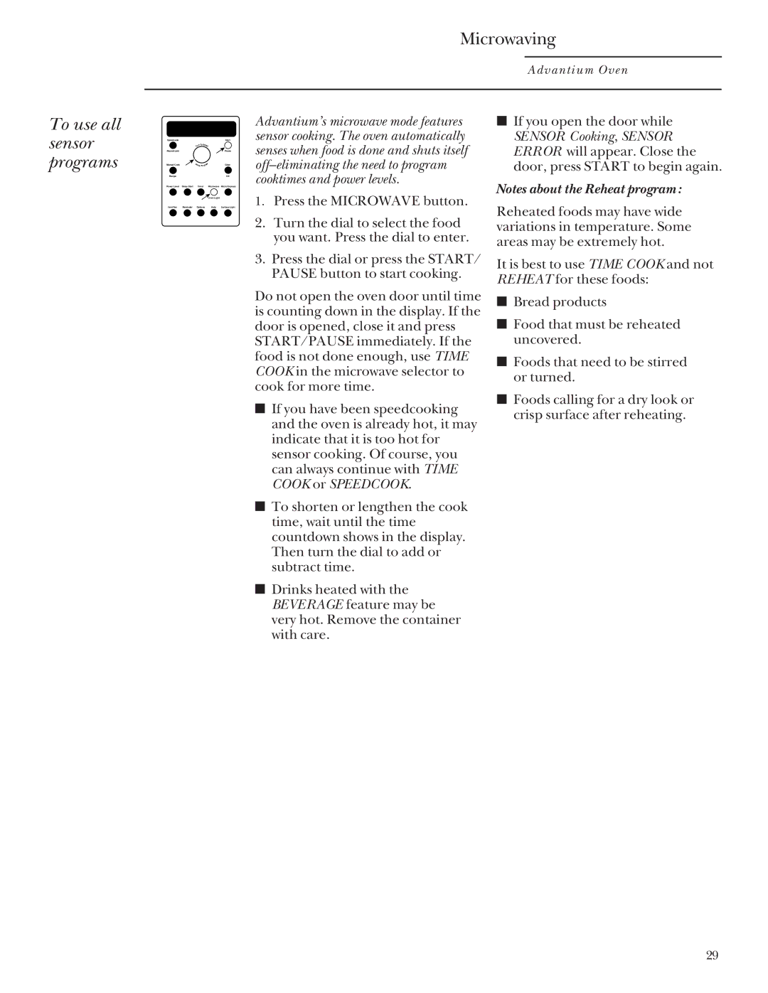 GE Monogram SCA2001, SCA2000 owner manual To use all sensor programs 