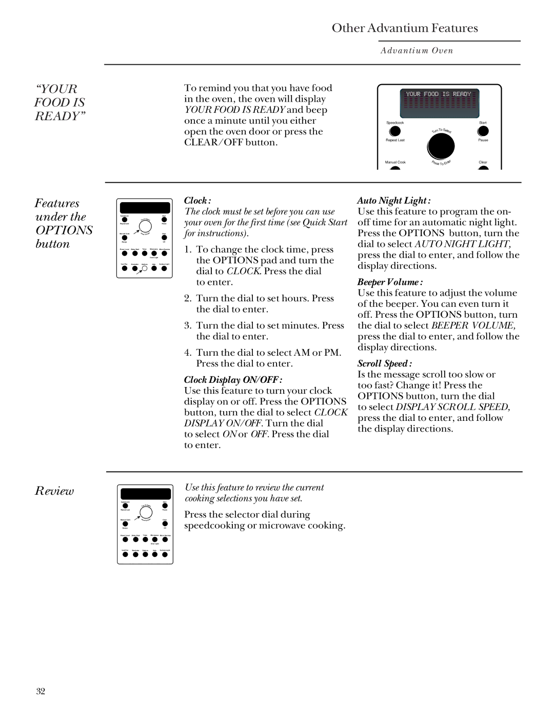 GE Monogram SCA2000, SCA2001 owner manual Other Advantium Features, Features under Options button, Review 