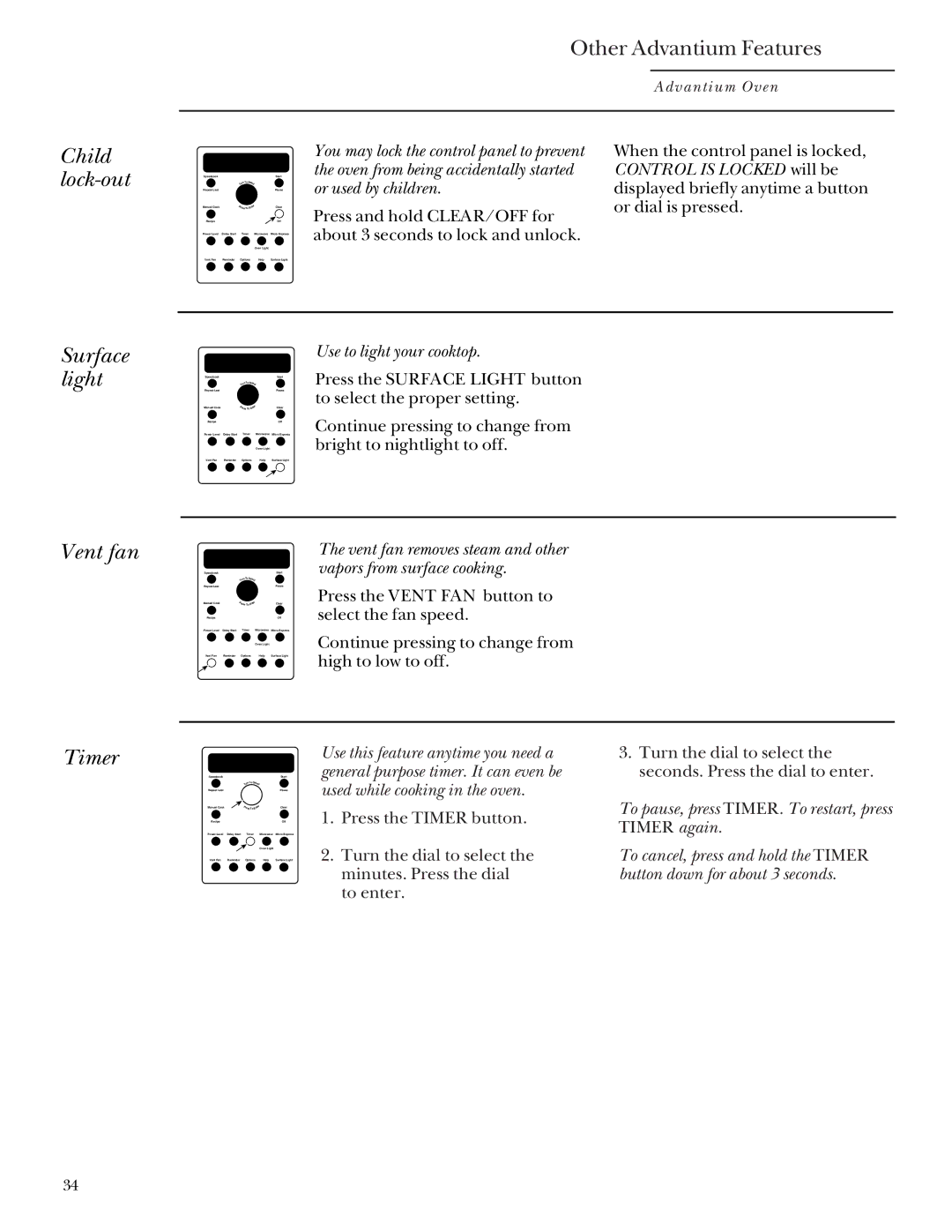 GE Monogram SCA2000, SCA2001 owner manual Child lock-out, Surface light, Vent fan, Timer 
