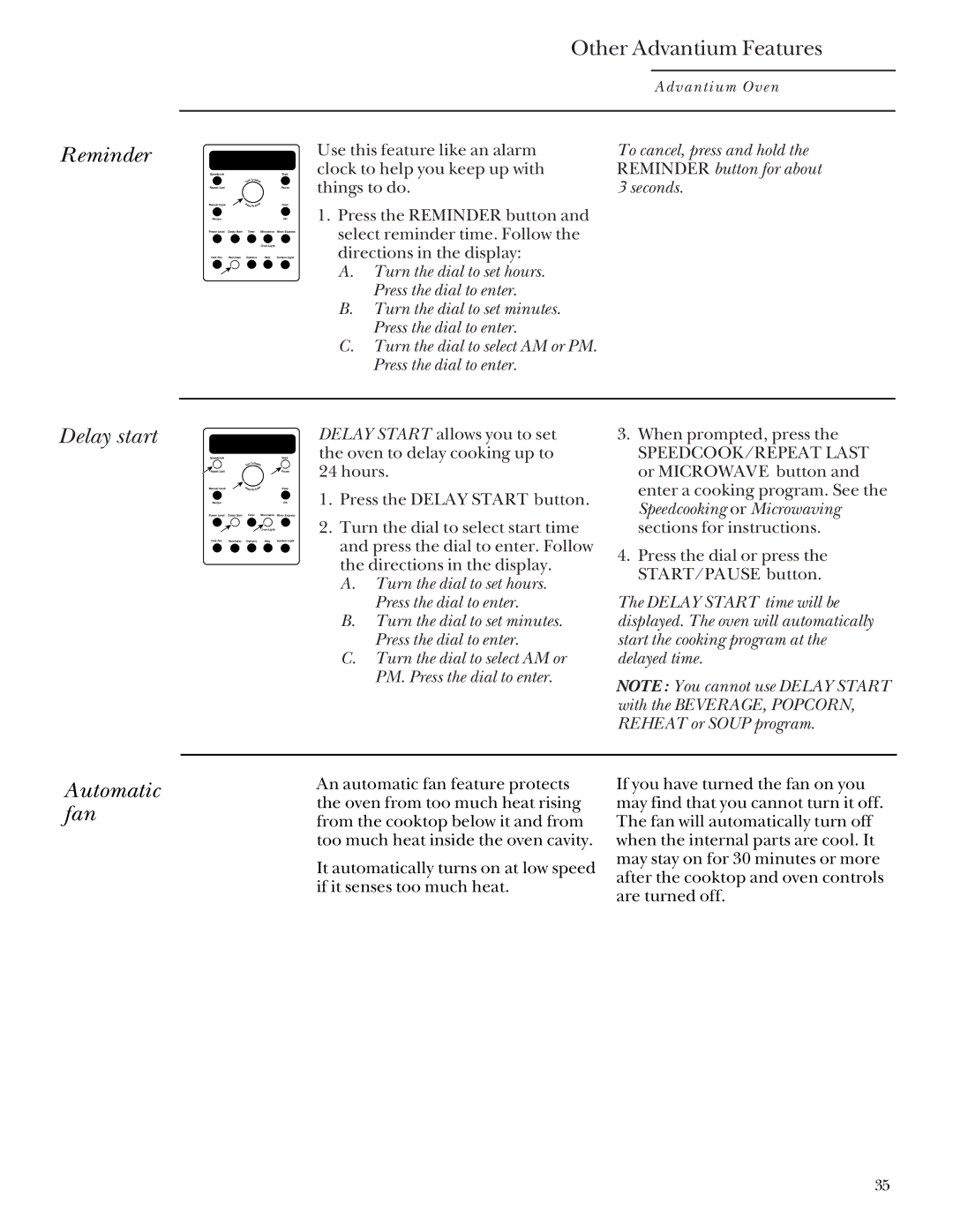 GE Monogram SCA2001, SCA2000 owner manual Reminder, Delay start, Automatic fan 